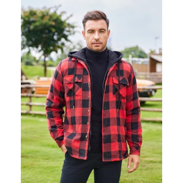 COOFANDY Men's Lined Zip Hooded Plaid Shirt Jacket