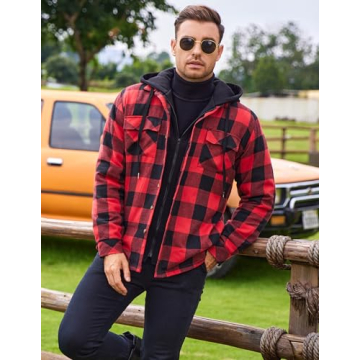 COOFANDY Men's Lined Zip Hooded Plaid Shirt Jacket