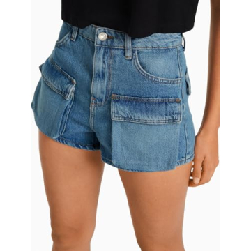 PLNOTME Women's Cargo Denim Shorts Cute Mid Rise Stretch 3.5" Inseam Short Jeans with Pockets