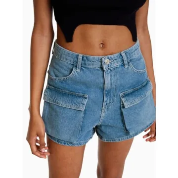 PLNOTME Women's Cargo Denim Shorts Cute Mid Rise Stretch 3.5" Inseam Short Jeans with Pockets