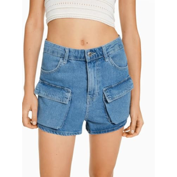 PLNOTME Women's Cargo Denim Shorts Cute Mid Rise Stretch 3.5" Inseam Short Jeans with Pockets