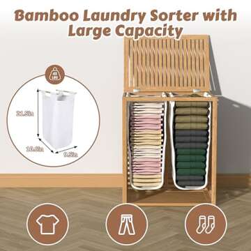 MUPATER Laundry Hamper with Lid, Bamboo Laundry Basket 2 Section with Removable Liner Bags, Foldable Clothes Hamper for Laundry Room, Bedroom and Bathroom