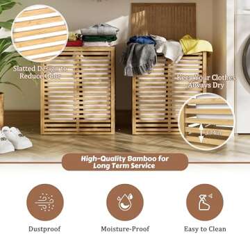MUPATER Laundry Hamper with Lid, Bamboo Laundry Basket 2 Section with Removable Liner Bags, Foldable Clothes Hamper for Laundry Room, Bedroom and Bathroom