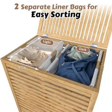 MUPATER Laundry Hamper with Lid, Bamboo Laundry Basket 2 Section with Removable Liner Bags, Foldable Clothes Hamper for Laundry Room, Bedroom and Bathroom
