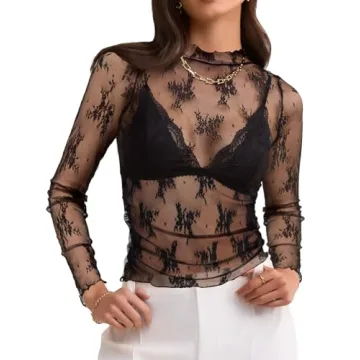 LEANI Women's 2024 Sheer Mesh Crop Top Long Sleeve Mock Neck Lace Floral See Through Y2K Shirt Blous...