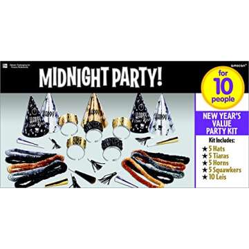 Amscan Midnight Party 2025 New Years Eve Decorations Party Supplies for 10, Includes Cone Hats, and ...