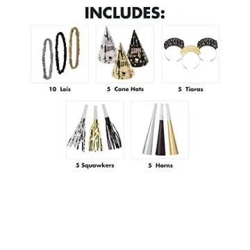 Amscan Midnight Party 2025 New Years Eve Decorations Party Supplies for 10, Includes Cone Hats, and Glitter Tiaras Multicolored