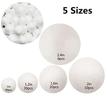 126 Pack Craft Foam Balls, 5 Sizes Including 1-2.4 Inches, White Polystyrene Smooth Round Balls, Foa...