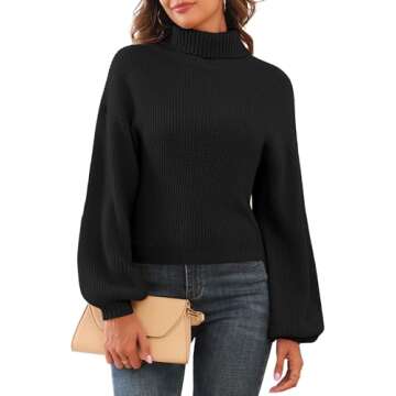ZAFUL Women's Cropped Turtleneck Sweater Lantern Sleeve Ribbed Knit Pullover Sweater Jumper (2-Black, L)
