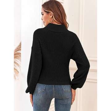 ZAFUL Women's Cropped Turtleneck Sweater Lantern Sleeve Ribbed Knit Pullover Sweater Jumper (2-Black, L)