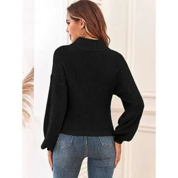 ZAFUL Women's Cropped Turtleneck Sweater Lantern Sleeve Ribbed Knit Pullover Sweater Jumper (2-Black, L)