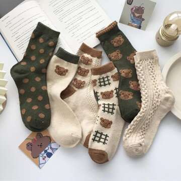 6 Pair Cute Cotton Socks Kawaii Bear Ankle Socks Preppy Ruffle Socks for Women Japanese Thick Fall V...