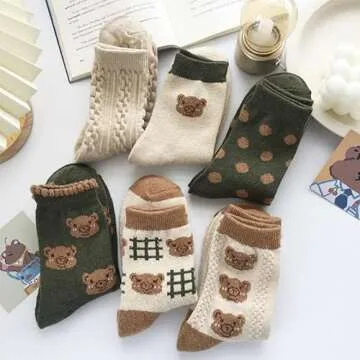 6 Pair Cute Cotton Socks Kawaii Bear Ankle Socks Preppy Ruffle Socks for Women Japanese Thick Fall Vintage Crew Socks (6 Pair,Onesize)
