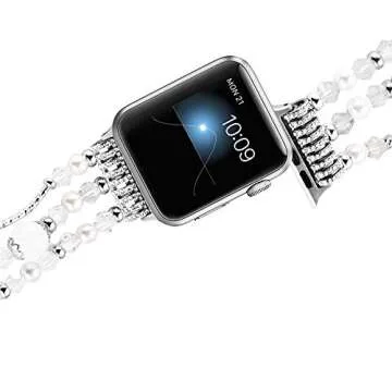 Suppeak Band Compatible with Apple Watch 38mm 40mm 41mm, Women Elastic Handmade Pearl Bracelet Replacement for Series SE 7 6 5 4 3 2 1, White