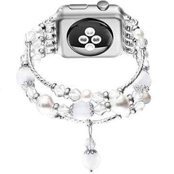 Suppeak Band Compatible with Apple Watch 38mm 40mm 41mm, Women Elastic Handmade Pearl Bracelet Replacement for Series SE 7 6 5 4 3 2 1, White