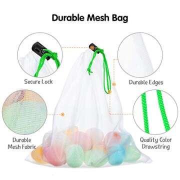 Frienda 20 Pieces Reusable Produce Bags Mesh Pouch Toy Storage Bags Drawstring Washable Organization 5 Large 8 Medium 7 Small for School Office, Puzzles Games Storage(Blue, Green, Red)