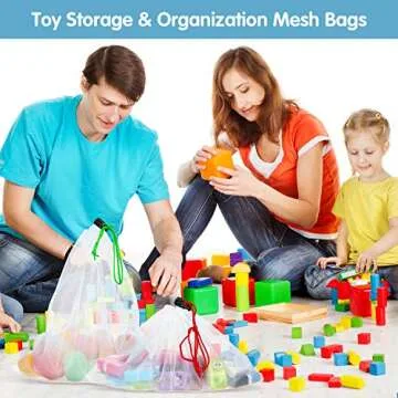 Frienda 20 Pieces Reusable Produce Bags Mesh Pouch Toy Storage Bags Drawstring Washable Organization 5 Large 8 Medium 7 Small for School Office, Puzzles Games Storage(Blue, Green, Red)