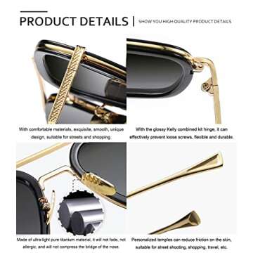 SHEEN KELLY Retro Tony Stark Sunglasses Vintage Square Metal Pilot Eyeglasses Men Women Spider Man