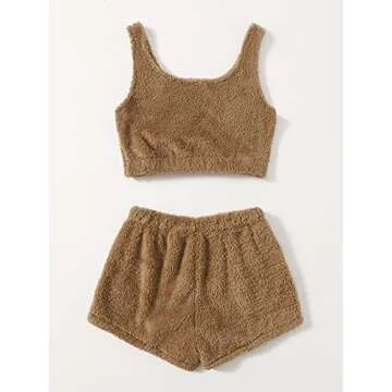 SweatyRocks Women's Fuzzy Pajamas Set Crop Tank Top with Shorts Loungewear Camel S