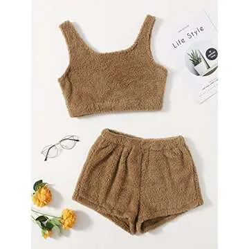 SweatyRocks Women's Fuzzy Pajamas Set Crop Tank Top with Shorts Loungewear Camel S