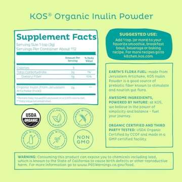 KOS Organic Inulin Powder, Unflavored & Unsweetened Superfood - Vegan Inulin for Prebiotic Intestinal Support, Digestive Health Promoting - USDA Certified, Non-GMO, Soy & Gluten-Free, 112 Servings Bag