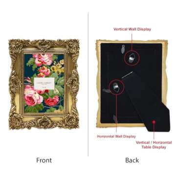 Laura Ashley 4x4 Gold Ornate Textured Hand-Crafted Resin Picture Frame with Easel & Hook for Tabletop & Wall Display, Decorative Floral Design Home Decor, Photo Gallery, Art, More (4x4, Gold)