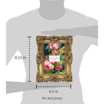 Laura Ashley 4x4 Gold Ornate Textured Hand-Crafted Resin Picture Frame with Easel & Hook for Tabletop & Wall Display, Decorative Floral Design Home Decor, Photo Gallery, Art, More (4x4, Gold)