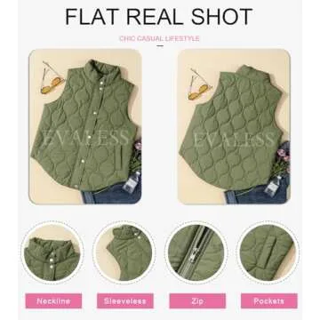 EVALESS Cute Cropped Puffer Vest Women Lightweight Quilted Stand Collar Sleeveless Jackets Fall Spring 2025 Button Zip Up Jacket Warm Coat Outerwear with Pockets Green Medium