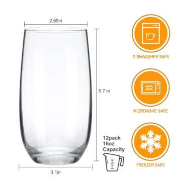 QAPPDA Drinking Glasses Set of 12,16 OZ Highball Glasses with Straws,Clear Tall Water Glasses Premiu...