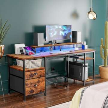Furologee 61" Computer Desk with Power Outlet and LED Lights, Desk with Fabric File Cabinet Drawer, ...