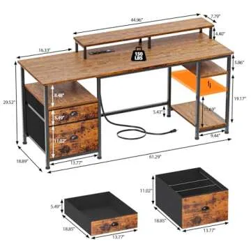 Furologee 61" Computer Desk with Power Outlet and LED Lights, Desk with Fabric File Cabinet Drawer, Large Reversible Table with Shelves and Monitor Stand, Writing Study Table for Home Office