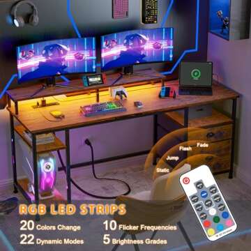 Furologee 61" Computer Desk with Power Outlet and LED Lights, Desk with Fabric File Cabinet Drawer, Large Reversible Table with Shelves and Monitor Stand, Writing Study Table for Home Office