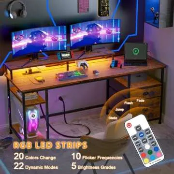 Furologee 61" Computer Desk with Power Outlet and LED Lights, Desk with Fabric File Cabinet Drawer, Large Reversible Table with Shelves and Monitor Stand, Writing Study Table for Home Office