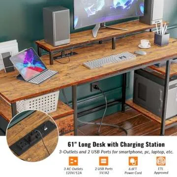 Furologee 61" Computer Desk with Power Outlet and LED Lights, Desk with Fabric File Cabinet Drawer, Large Reversible Table with Shelves and Monitor Stand, Writing Study Table for Home Office