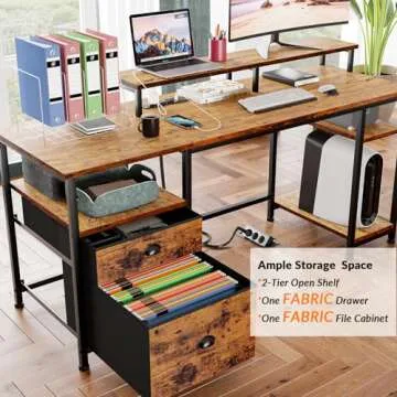 Furologee 61" Computer Desk with Power Outlet and LED Lights, Desk with Fabric File Cabinet Drawer, Large Reversible Table with Shelves and Monitor Stand, Writing Study Table for Home Office