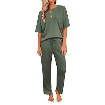 JiniGolla Womens Pajama Sets Waffle Short Sleeve Pj Set Sleepwear Two Piece Loungewear Lounge Sets G...