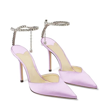 LauraVicci Women's Heeled Sandals – Crystal Chain Ankle Straps, Rhinestones, Size 12, Purple