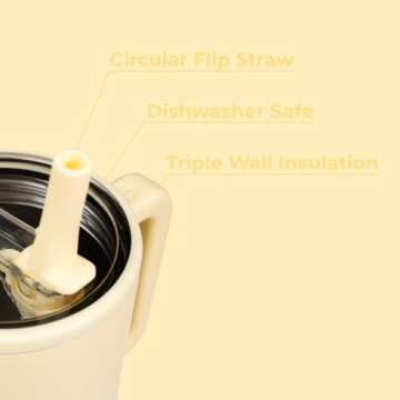 HydroJug Traveler - 40 oz Water Bottle with Handle & Flip Straw - Fits in Cup Holder, Leak Resistant Tumbler-Reusable Insulated Stainless Steel & Rubber Base - Gifts for Women & Men, Butter