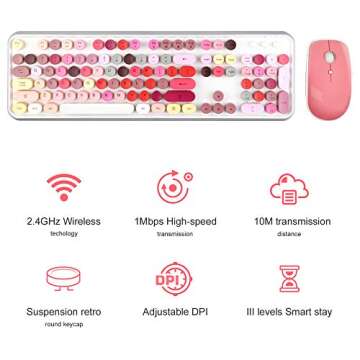 SADES V2020 White Colorful Wireless Keyboard with Round Keycaps,2.4GHz Dropout-Free Connection,Long Battery Life,Cute Wireless Moues for PC/Laptop/Mac