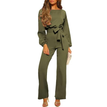 Happy Sailed Long Sleeve Women's Jumpsuit - Casual Loose Wide Leg Romper Green