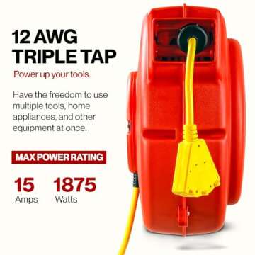 ReelWorks Extension Cord Reel Retractable 12AWG x 65' Foot 3C/SJT Heavy Duty Commercial Cable Triple...