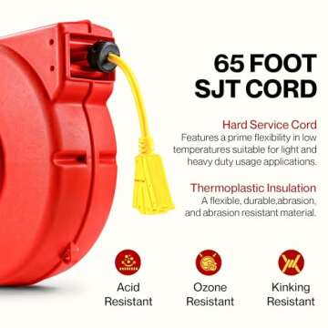 ReelWorks Extension Cord Reel Retractable 12AWG x 65' Foot 3C/SJT Heavy Duty Commercial Cable Triple Tap Connector Power 15A 125VAC 1875W