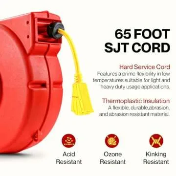 ReelWorks Extension Cord Reel Retractable 12AWG x 65' Foot 3C/SJT Heavy Duty Commercial Cable Triple Tap Connector Power 15A 125VAC 1875W