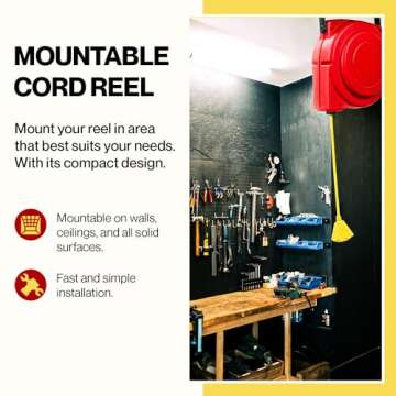 ReelWorks Extension Cord Reel Retractable 12AWG x 65' Foot 3C/SJT Heavy Duty Commercial Cable Triple Tap Connector Power 15A 125VAC 1875W