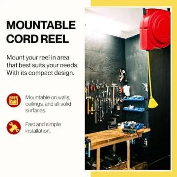 ReelWorks Extension Cord Reel Retractable 12AWG x 65' Foot 3C/SJT Heavy Duty Commercial Cable Triple Tap Connector Power 15A 125VAC 1875W