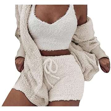 Vakkest Women Ladies Fuzzy 3 Piece Lounge Sets Tank Top Wide Leg Short Pants Cardigan Jacket Fleece ...