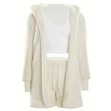 Vakkest Women Ladies Fuzzy 3 Piece Lounge Sets Tank Top Wide Leg Short Pants Cardigan Jacket Fleece Pajamas Set Loungewear
