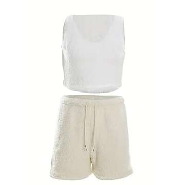 Vakkest Women Ladies Fuzzy 3 Piece Lounge Sets Tank Top Wide Leg Short Pants Cardigan Jacket Fleece Pajamas Set Loungewear