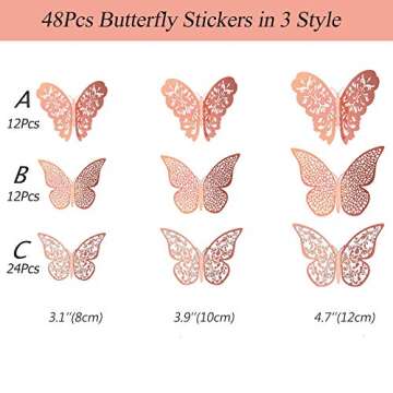 48Pcs Butterfly Decorations, Creatiee 3D Wall Decals|Metallic Art Sticker, DIY/Handmade/Removable/Pr...
