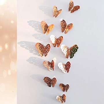 48Pcs Butterfly Decorations, Creatiee 3D Wall Decals|Metallic Art Sticker, DIY/Handmade/Removable/Pressure Resistance Paper Murals Gift for Home Kids Bedroom Nursey Party Décor (Rose Gold)
